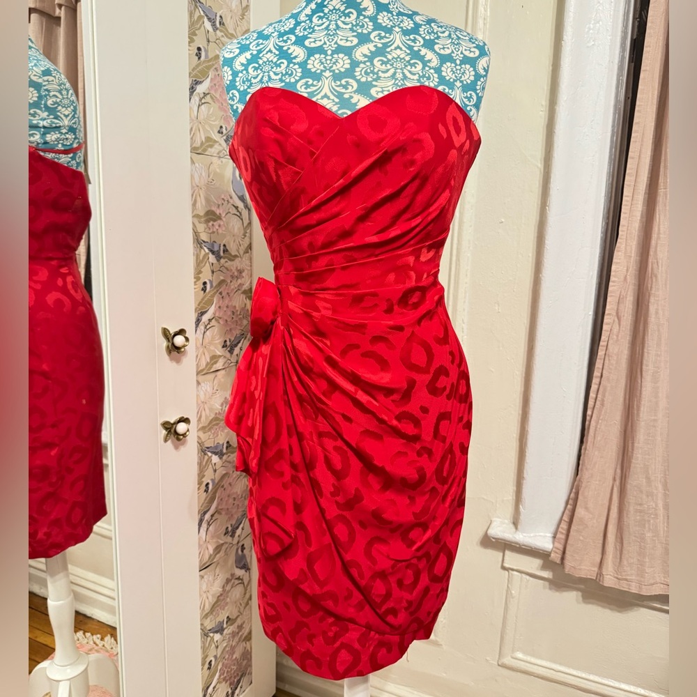 A.J. Bari Strapless Red Animal Print Vintage 80s Cocktail Dress